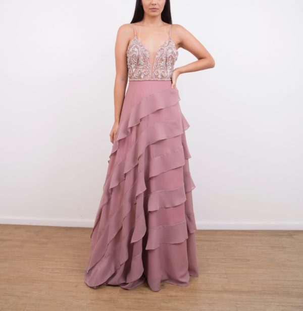 VESTIDO FLUIDO ROSA CHÁ SAIA BABADOS BORDADO