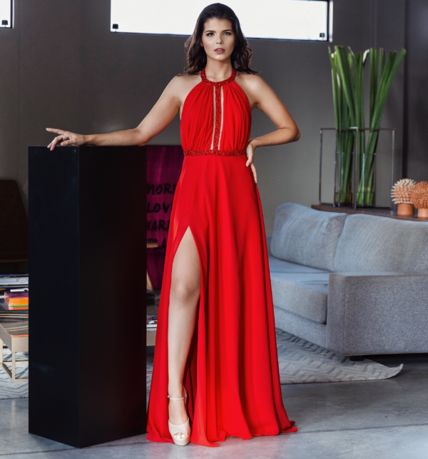 Vestido longo vermelho com decote 2025