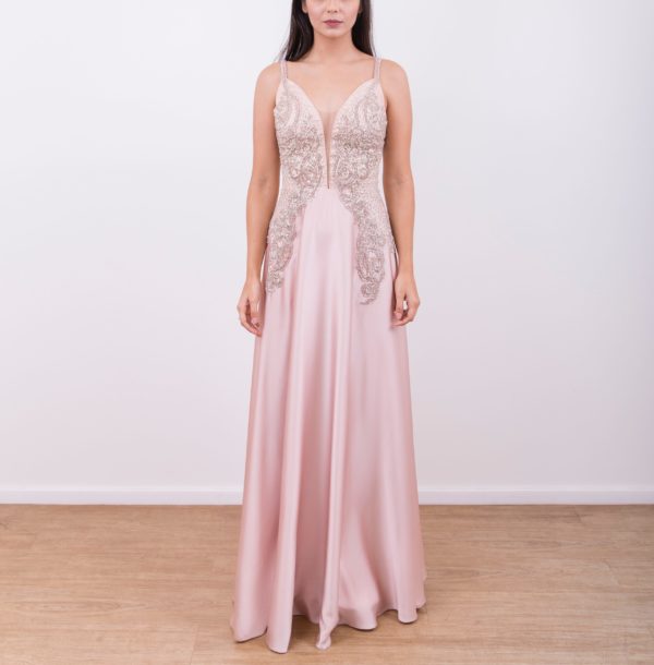 VESTIDO FLUIDO CETIM BORDADO ALÇAS FINAS