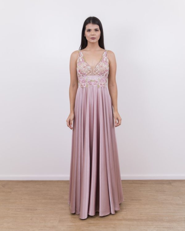 VESTIDO ROSÉ ESTRUTURADO BLUSA TULE BORDADO.