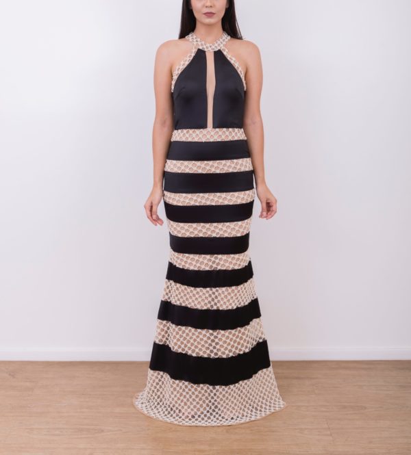 VESTIDO SEREIA EM BANDAGENS PRETA E DE TULE BORDADO