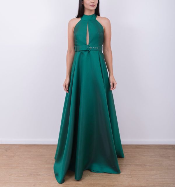 VESTIDO LONGO ESTRUTURADO VERDE FRENTE UNICA COM CINTO FORRADO