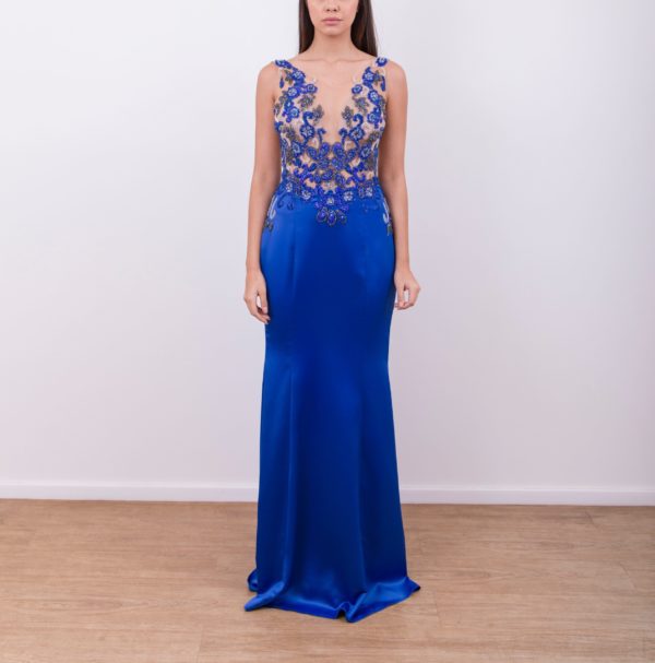 VESTIDO LONGO SEREIA AZUL ROYAL COM BLUSA EM TULE BORDADO EM PEDRARIAS.