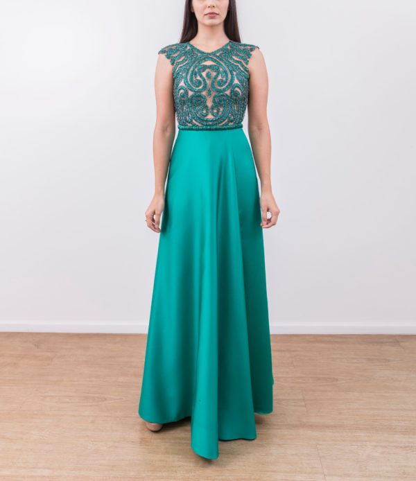 VESTIDO VERDE ESMERALDA ESTRUTURADA BLUSA BORDADA