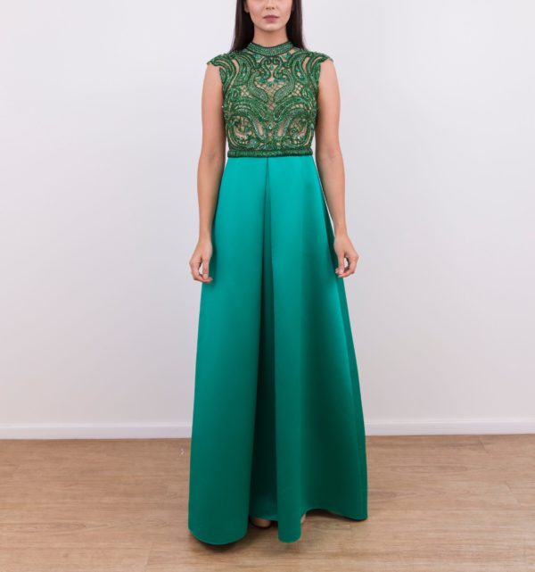 VESTIDO SAIA ESTRUTURADA VERDE BLUSA EM TULE BORDADO