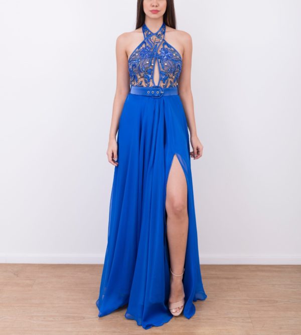 VESTIDO LONGO AZUL ROYAL SAIA FLUIDA E BLUSA TRANSPASSADA EM TULE BORDADO