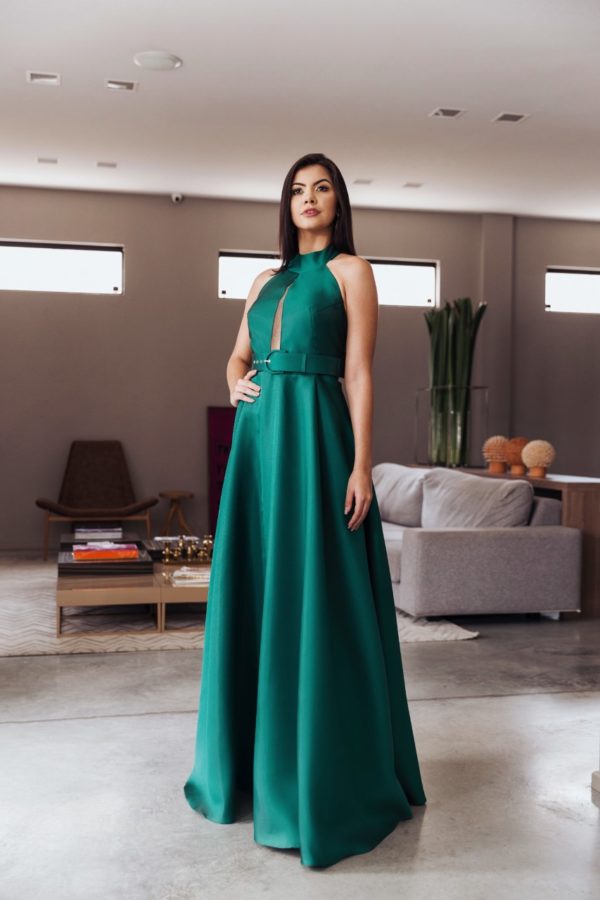 VESTIDO LONGO ESTRUTURADO VERDE FRENTE UNICA COM CINTO FORRADO