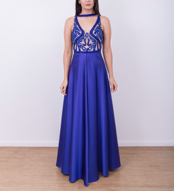 VESTIDO LONGO AZUL ROYAL ESTRUTURADO COM BLUSA EM TULE BORDADO