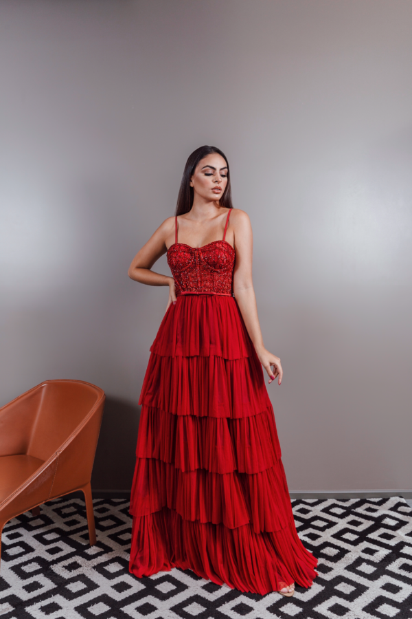 VESTIDO LONGO MARSALA SAIA TULE CORPETE TODO BORDADO