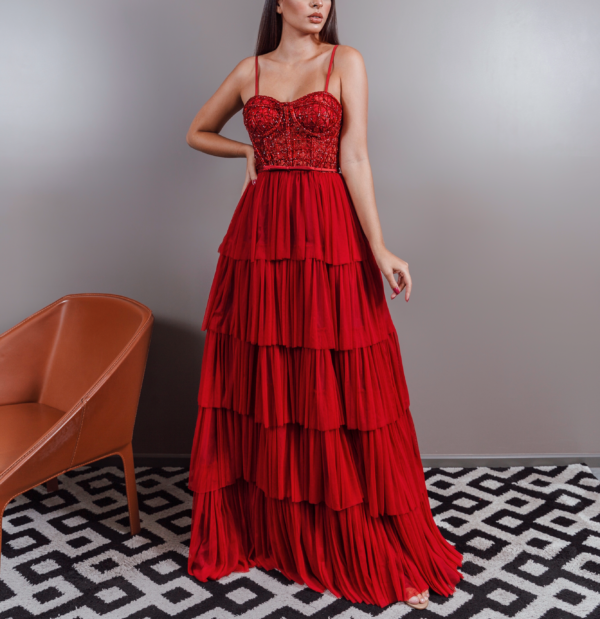 VESTIDO LONGO MARSALA SAIA TULE CORPETE TODO BORDADO