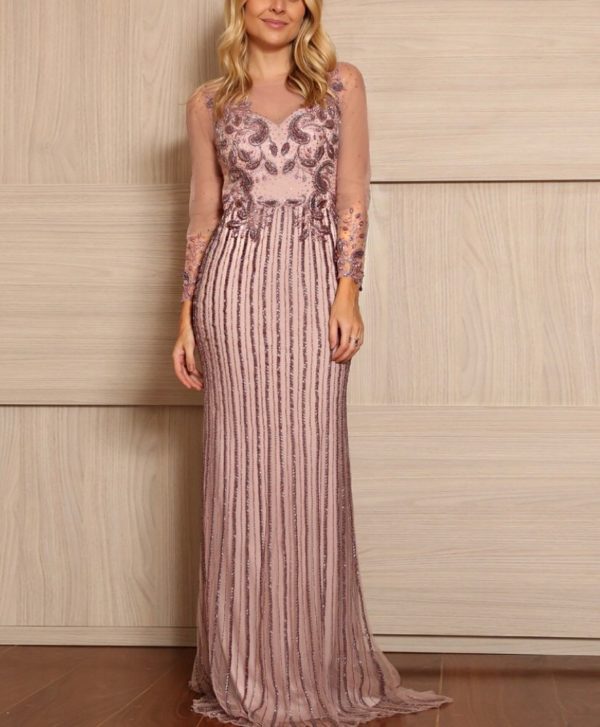 VESTIDO LONGO ROSA CHÁ ESCURO - LILÁS SEREIA MANGA LONGA TODO EM TULE ILUSIONE BORDADO EM PEDRARIAS.