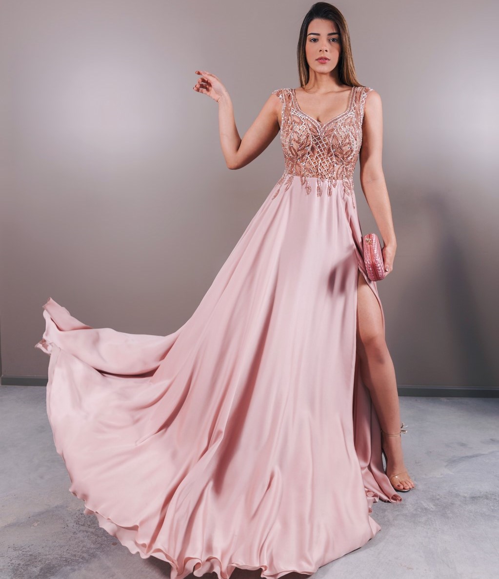 vestido longo rose com fenda