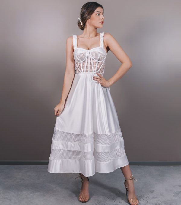 vestido midi branco corpete casamento civil noivado