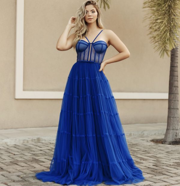 VESTIDO LONGO TULE AZUL ROYAL CAMADAS CORPETE ALÇAS