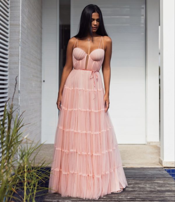 VESTIDO LONGO ROSE CORPETE DRAPEADO COM COSTAS NUAS E SAIA EM TULE CAMADAS