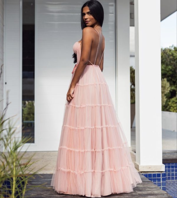 VESTIDO LONGO ROSE CORPETE DRAPEADO COM COSTAS NUAS E SAIA EM TULE CAMADAS