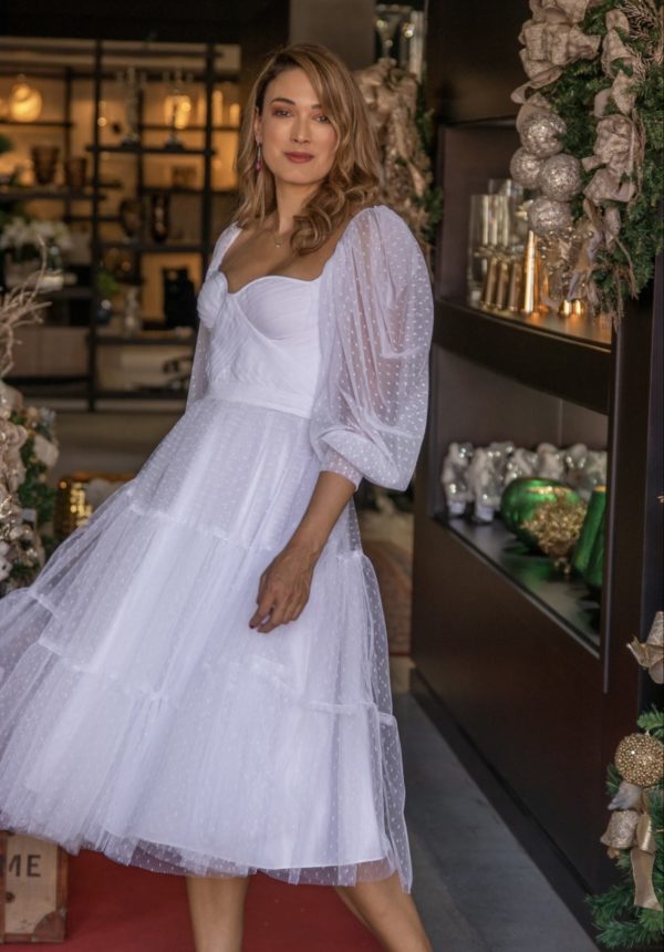 VESTIDO MIDI BRANCO EM TULE POA MANGAS BUFANES E CORPETE DRAPEADO NOIVADO CASAMENTO CIVIL