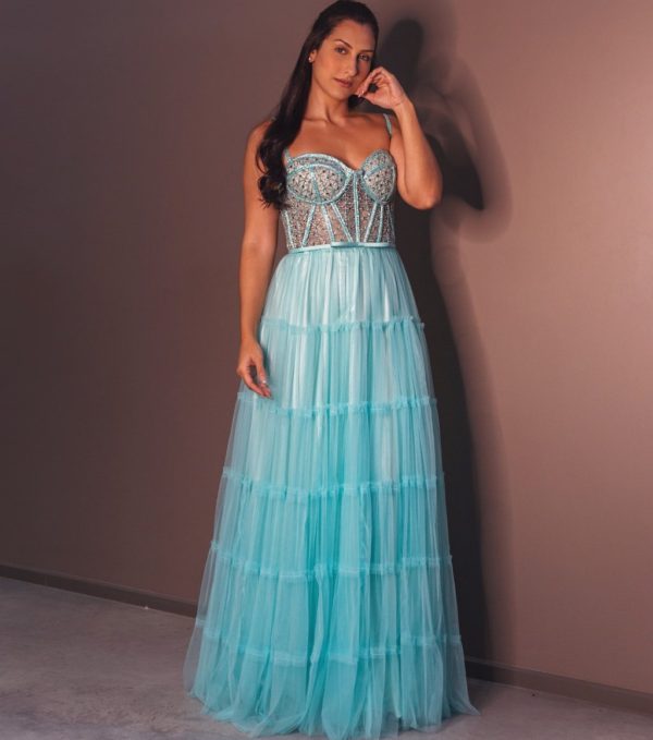 VESTIDO LONGO AZUL TIFFANY SAIA BABADOS E CORPETE AZUL EM TULE BORDADO