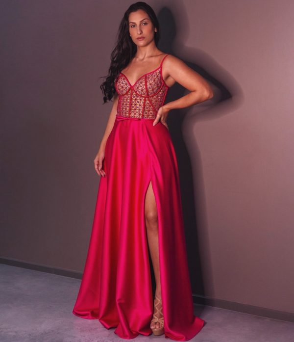 VESTIDO LONGO PINK SAIA COM FENDA E CORPETE EM TULE BORDADO