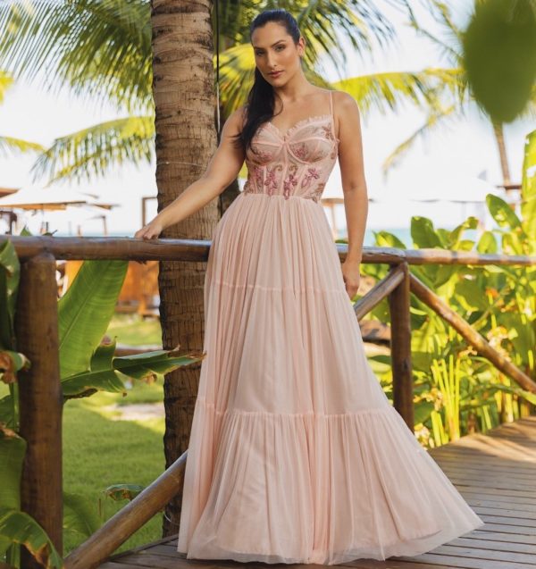 VESTIDO LONGO TULE ROSE CORPETE BORDADO