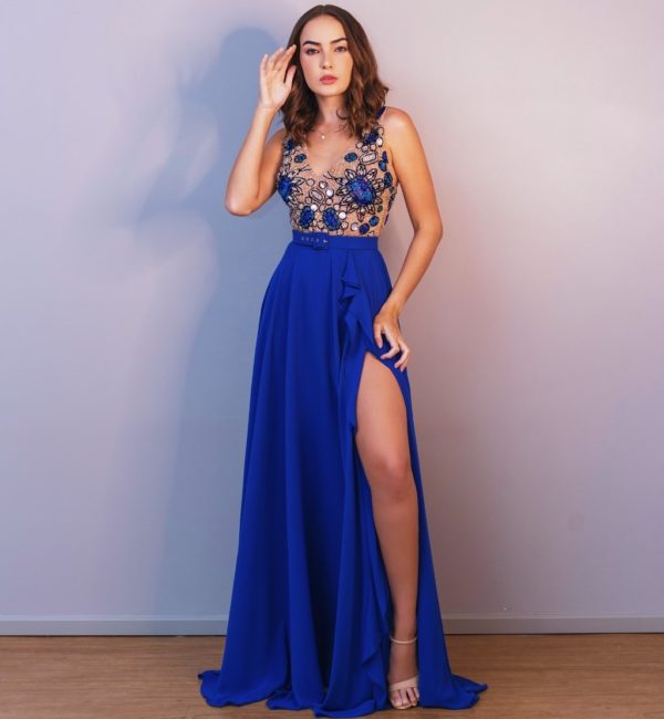 VESTIDO FORMANDA MADRINHA AZUL ROYAL FENDA E BORDADO FLUIDO