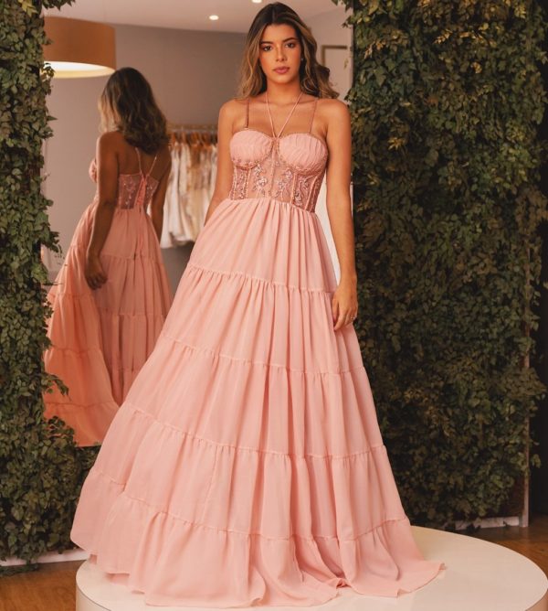 VESTIDO ROSE MADRINHAS CORPETE BORDADO COM SAIA BABADOS