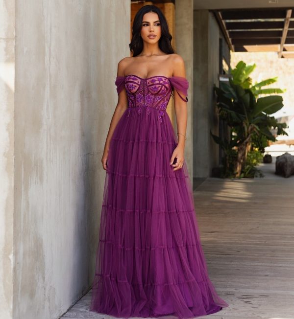 VESTIDO LONGO FUCSIA ROXO TULE BORDADO OMBRO A OMBRO