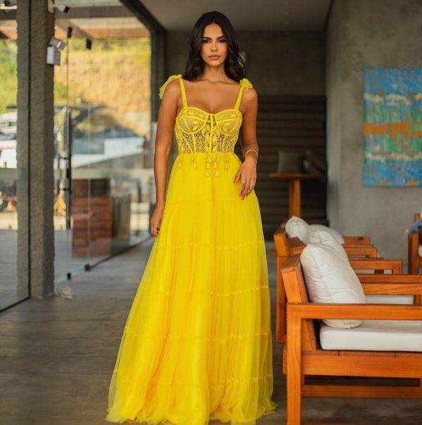 VESTIDO LONGO AMARELO TULE E CORPETE BORDADO