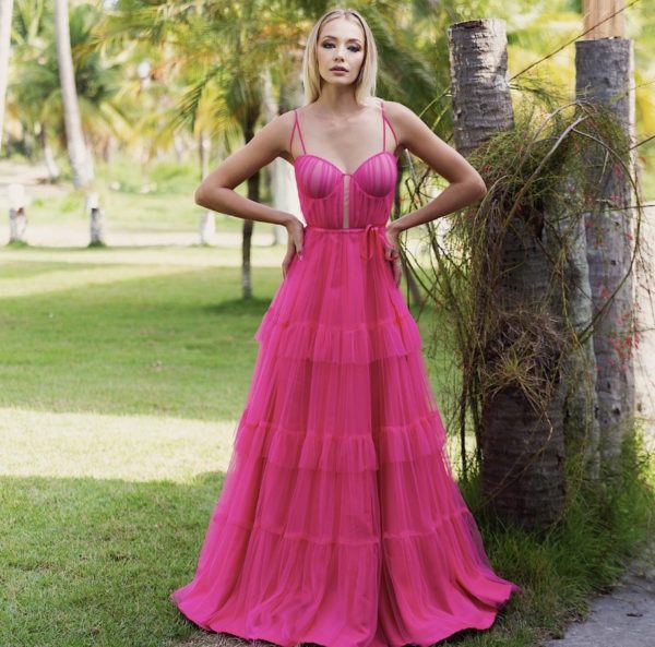 VESTIDO LON GO PINK SAIA TULE E CORPETE MADRINHAS CASAMENTO DIA