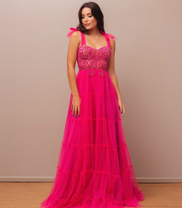 VESTIDO PINK LONGO TULE BORDADO CORPETE MADRINHAS