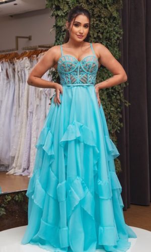 Vestido de Noiva Coleção Esmeralda 07 Princesa babados canoa cetim