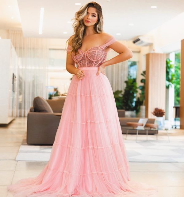 VESTIDO LONGO ROSA CORPETE BORDADO SAIA TULE