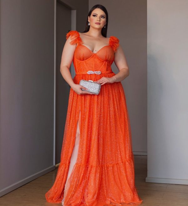 VESTIDO LARANJA CORPETE PLUS TULE GLITTER